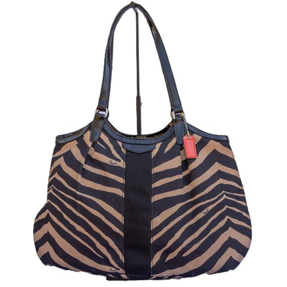 COACH Purse F24022 Black Tan Zebra Print Canvas Handbag Large Tote Bag - Picture 1 of 9